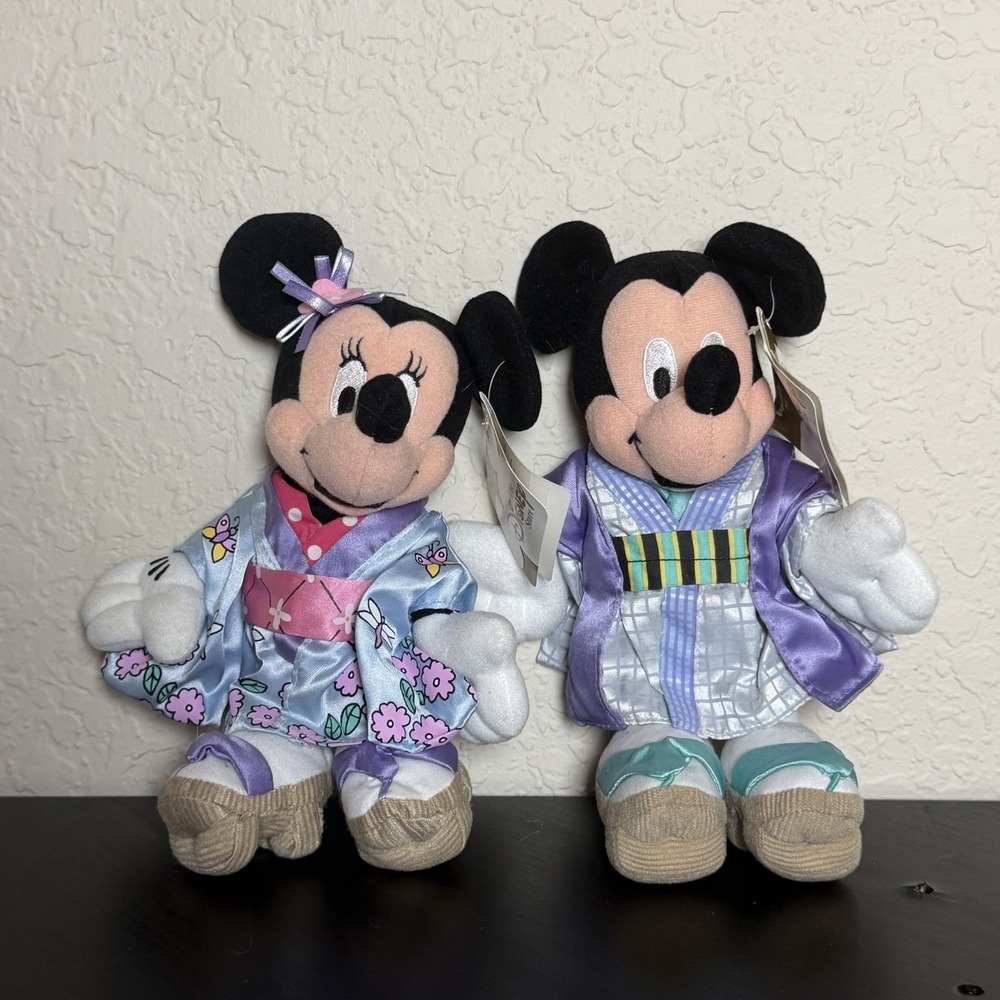 Vintage Disney Store Globe-Trotting Japanese Mickey and Minnie Mouse Plush